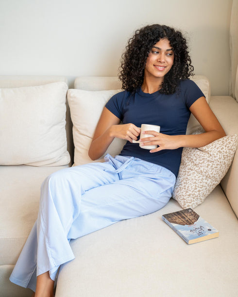 Women summer pajama set Dark Blue T-shirt + Light Blue X White Stripes Pants